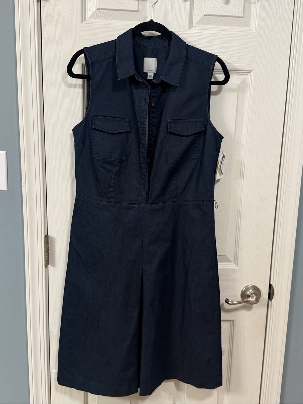 Sleeveless Denim Blue Dress Front Pleated Office Wear Career Cocktail - Picture 11 of 16